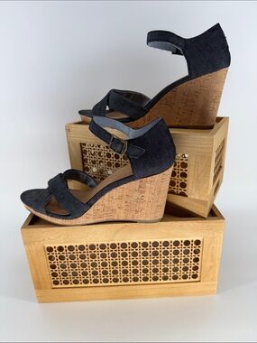 Toms Denim Fabric Cork Wedge Sandals with Ankle Strap